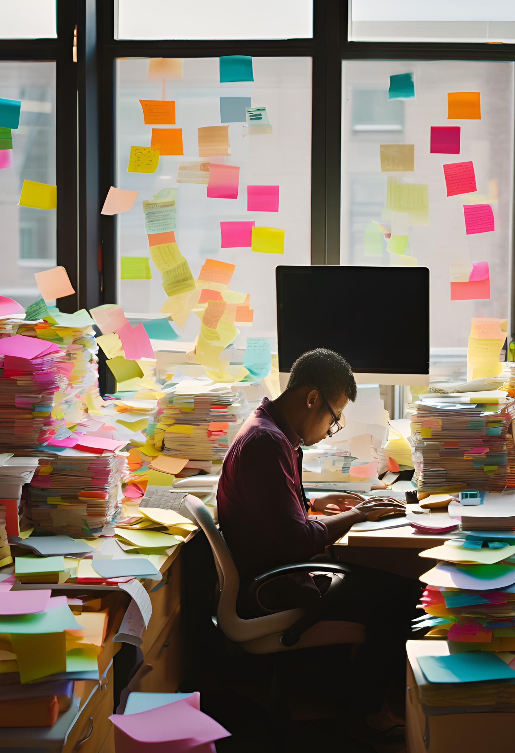 Person overwhelmed with data chaos